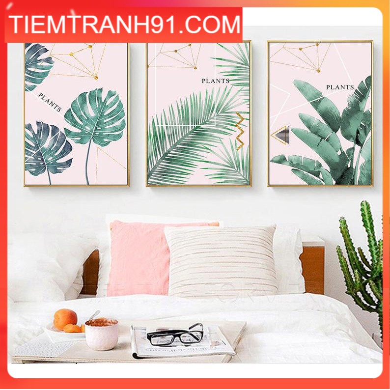 Tranh Canvas Cao Cấp | Tranh cây lá nhiệt đới, bộ 3 tranh lá chuối, lá cọ, Trang trí tường hoa, Nghệ thuật màu nước