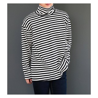Áo thun Tay dài Cổ lọ Sọc ngang Trắng Đen Unisex