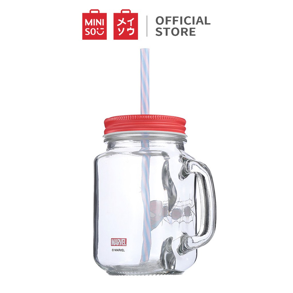 Miniso x Marvel Cốc Thủy Tinh Có Quai 470ml (Nắp Lỗ) Cốc thủy tinh có nắp kèm ống