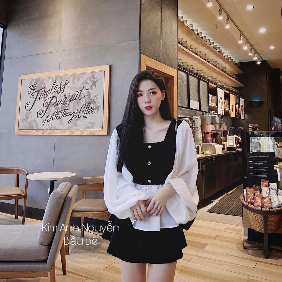 ÁO CỔ VUÔNG ĐEN TRẮNG PHỐI CÚC NGỌC | BigBuy360 - bigbuy360.vn