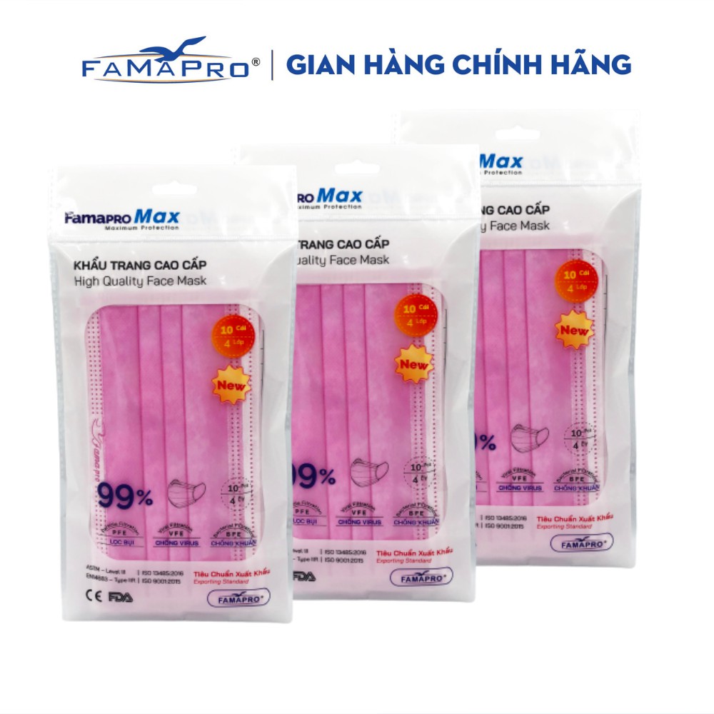 [TÚI-10 CÁI-MÀU HỒNG] COMBO 3 TÚI Khẩu trang y tế cao cấp kháng khuẩn 4 lớp Famapro max