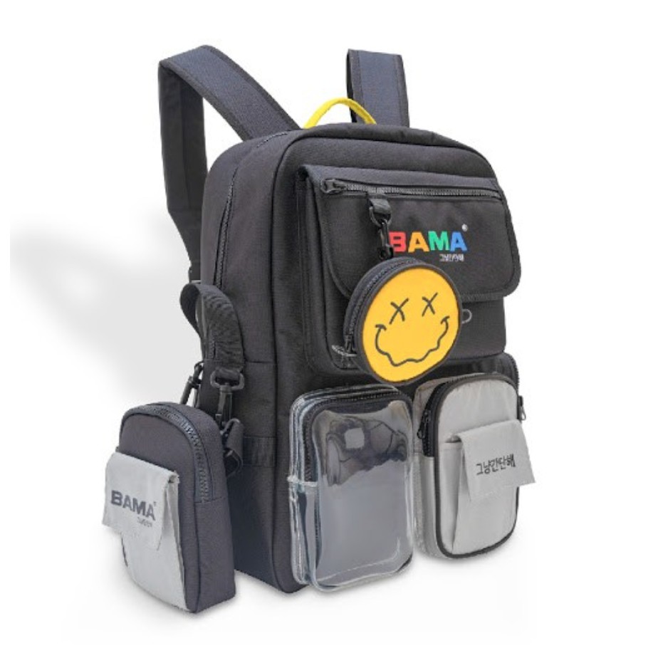 Balo thời trang ✅FREESHIP✅Hot Bama 444 Backpack kèm túi tròn mini - Balo Đen & túi tròn Vàng