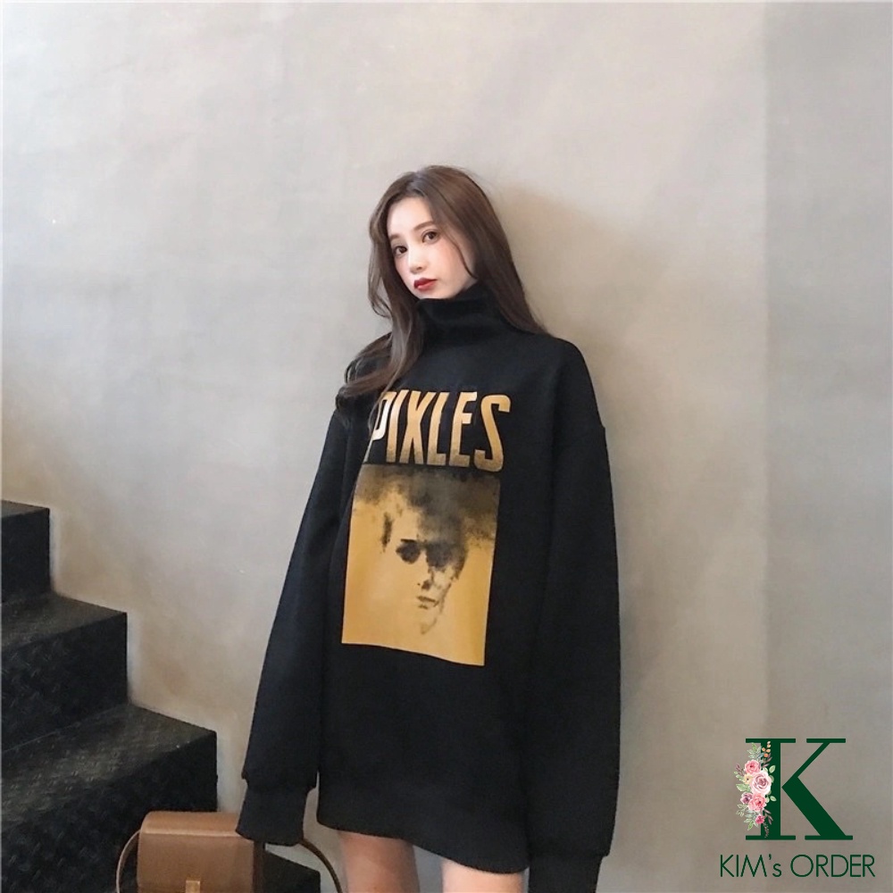 Áo Sweater Unisex Nam Nữ Màu Đen Chữ PIXLES Dài Tay Cổ Tròn Cổ Lọ Form Rộng Chất Nỉ Bông Dày Phong Cách Ulzzang Hàn Quốc