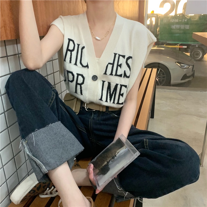 Xiaozhainv Áo Dệt Kim Sát Nách Cổ Chữ V Dáng Rộng Cài Khuy In Chữ Kiểu Vintage Thời Trang