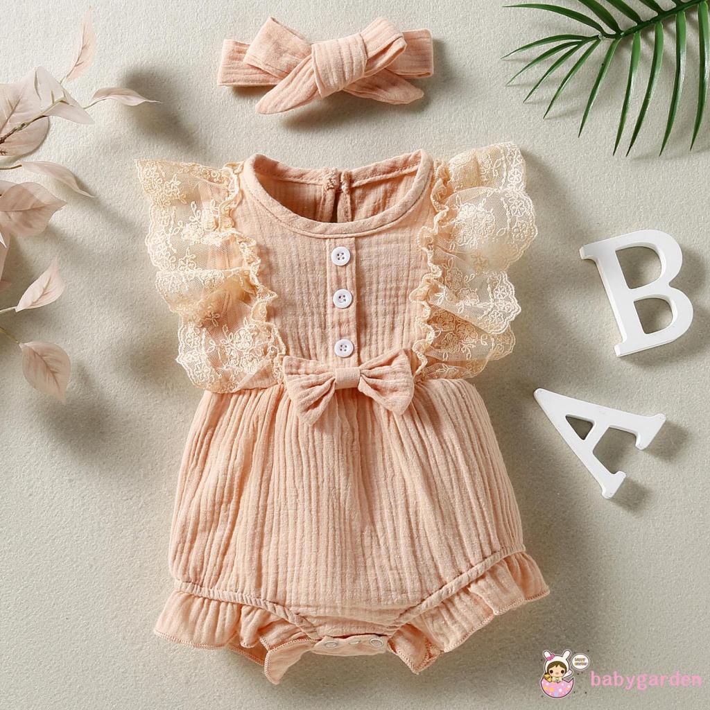 Bộ Áo Liền Quần Cổ Tròn Không Tay Phối Ren Dễ Thương Cho Bé 0-24 Tháng Tuổi