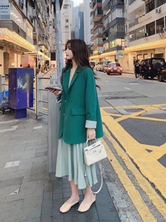 Set áo blazer - váy 2 dây xanh cổ vịt