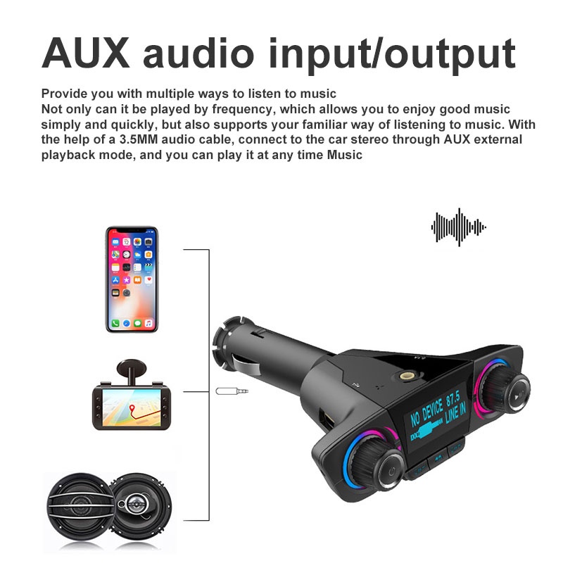 Tẩu Sạc Hai Cổng USB Kiêm Máy Nghe Nhạc MP3 Kết Nối Bluetooth 5.0 Và Đài FM Dùng Trong Xe Hơi