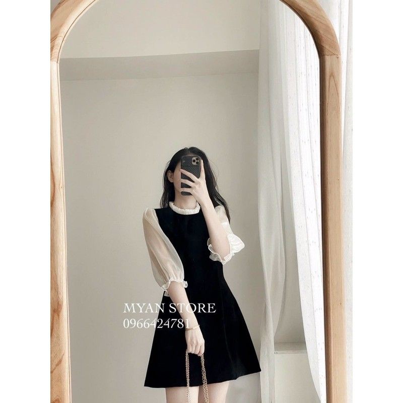 Váy đen tay pha voan OMAMEOMEO