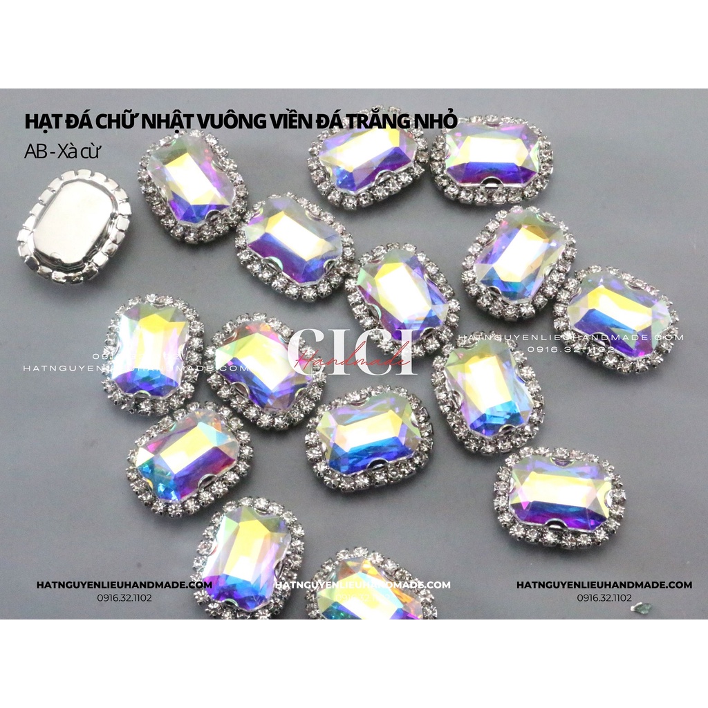 Đá Chữ nhật vuông viền đá trắng nhỏ đế BẠC link 1/2 có lỗ khâu có lỗ khâu Cici Handmade nguyên liệu DIY hạt đính kết