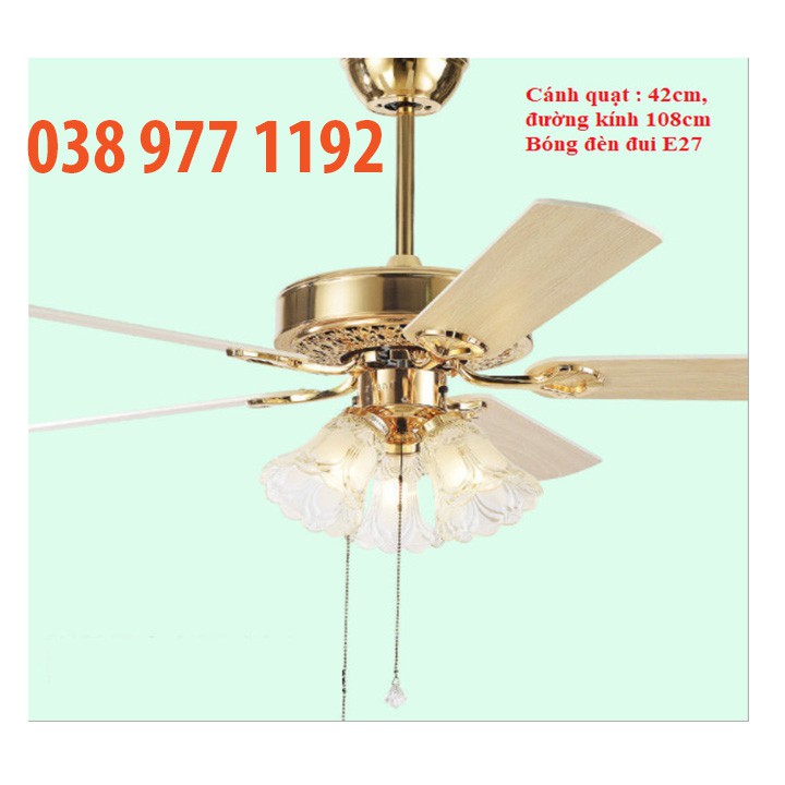 Quạt đèn trần - Quạt Trần 3 đèn mẫu tân cổ điển cánh gỗ màu vàng ý nổi bật 42 inch, động cơ lõi đồng,có điều khiển từ xa