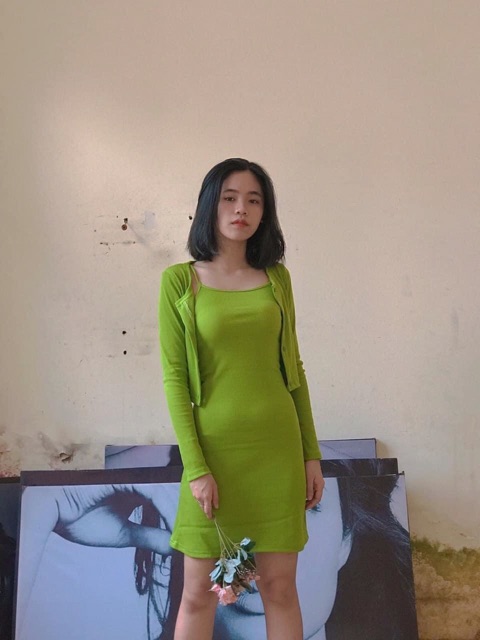 Set đầm body gân 2 dây + áo cardigan cùng màu