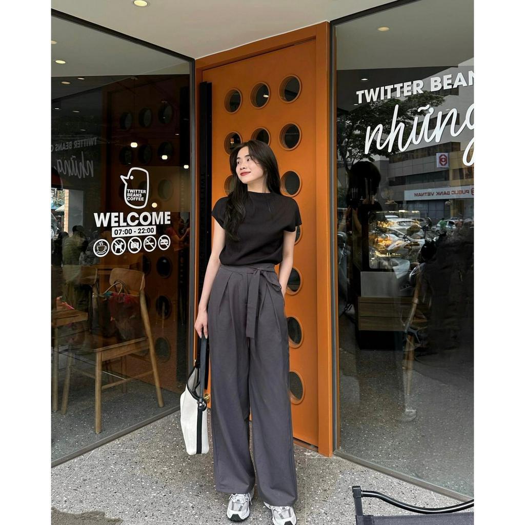 Set22 Set Áo Ba Lỗ Trơn Đen Basic + Quần Ống Rộng Cột Nơ Bảng To Hack Dáng 21 Room Phong Cách Hàng Ngày Đi Làm Công Sở