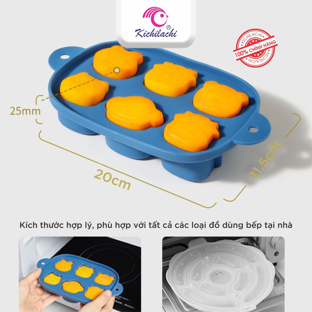 Khay Trữ Đông Kichilachi, Bảo Quản Đồ Ăn Dặm Cho Bé Chất Liệu Silicon Có Kèm Nắp Đậy Với 6 Ngăn Hình Thú Siêu Đáng Yêu