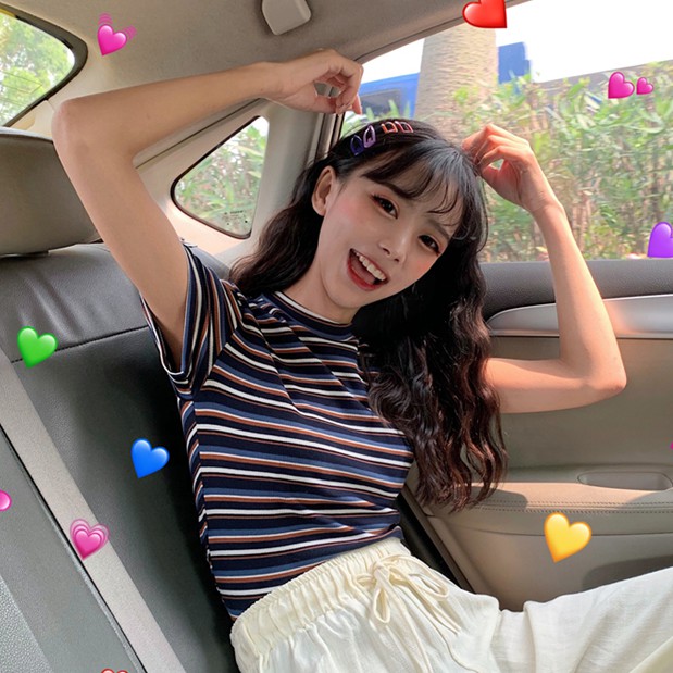 SUXI Áo Thun Tay Ngắn Kẻ Sọc Ngang Trẻ Trung Năng Động Phong Cách Hàn Quốc