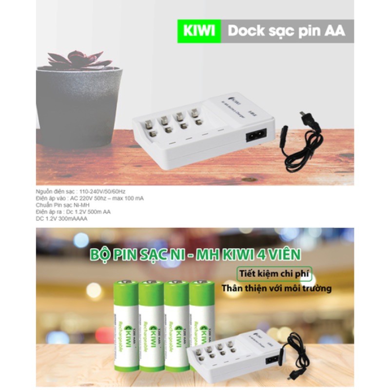 COMBO PIN SẠC KIWI VÀ DOCK SẠC KIWI 3300mAh . Bộ sạc pin kèm 4 viên pin sạc 3300 mAh