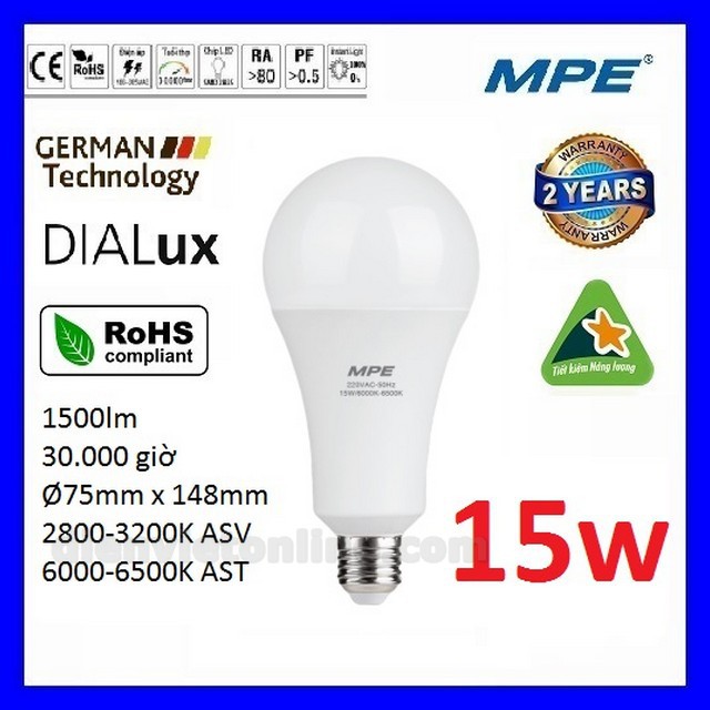 Bóng led bulb 15W chống thấm cao cấp MPE LBD3-15 ( tiêu chuẩn Châu Âu ) - Điện Việt