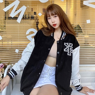 Áo Khoác Nhung Tăm Bóng Chày Thêu Nam Nữ Bomber Varsity Jacket Form Rộng 2 Lớp Màu Đen Tay Trắng By Local Brand Xfire
