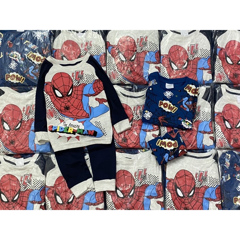 Set 2 bộ cotton dài tay nhện màu xanh ghi cho bé trai size từ 10-24 cân