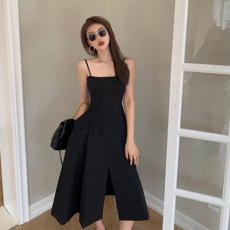 Váy dây đen dài xẻ trước đùi basic ullzang