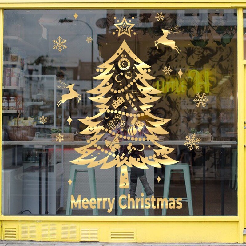 Decal trang trí tường Noel - Ánh vàng thông nhọn kèm chữ cao cấp