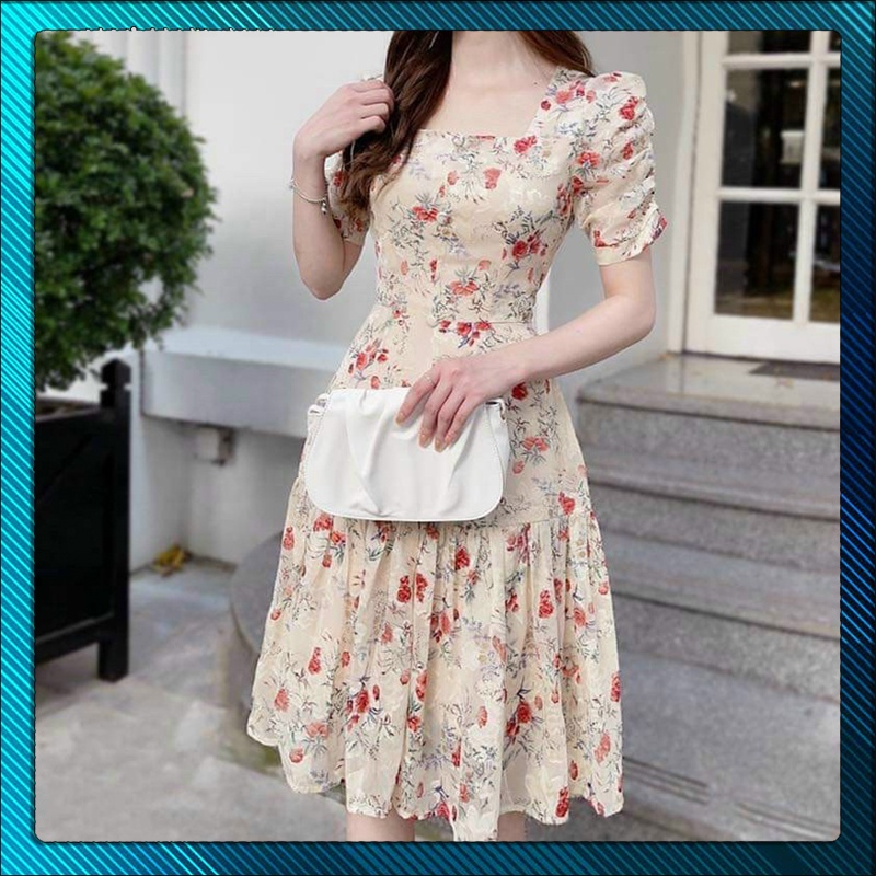 Đầm Hoa Công Sở Dự Tiệc Tay Phồng Đính Nút Có Mút Ngực - Thời Trang Dressery Store