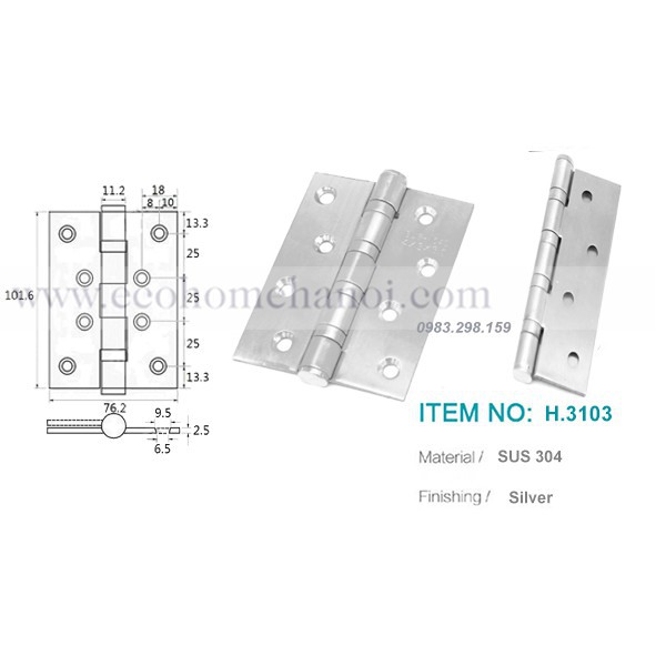 BẢN LỀ LÁ INOX 4 VÒNG BI H.3103