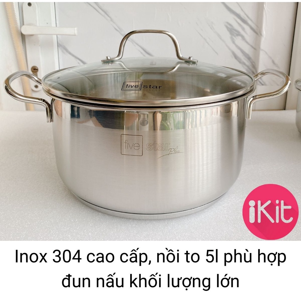 Bộ nồi inox fivestar 5 món vung kính 5 đáy inox 304. Kèm chảo chống dính 2 quai. Bảo hành 25 năm