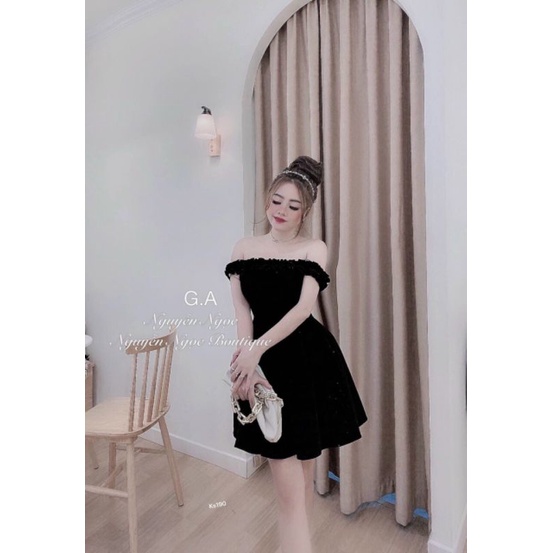 Đầm Nhung trễ vai xoè ly hộp.Váy Nhung trễ vai xoè đẹp.
