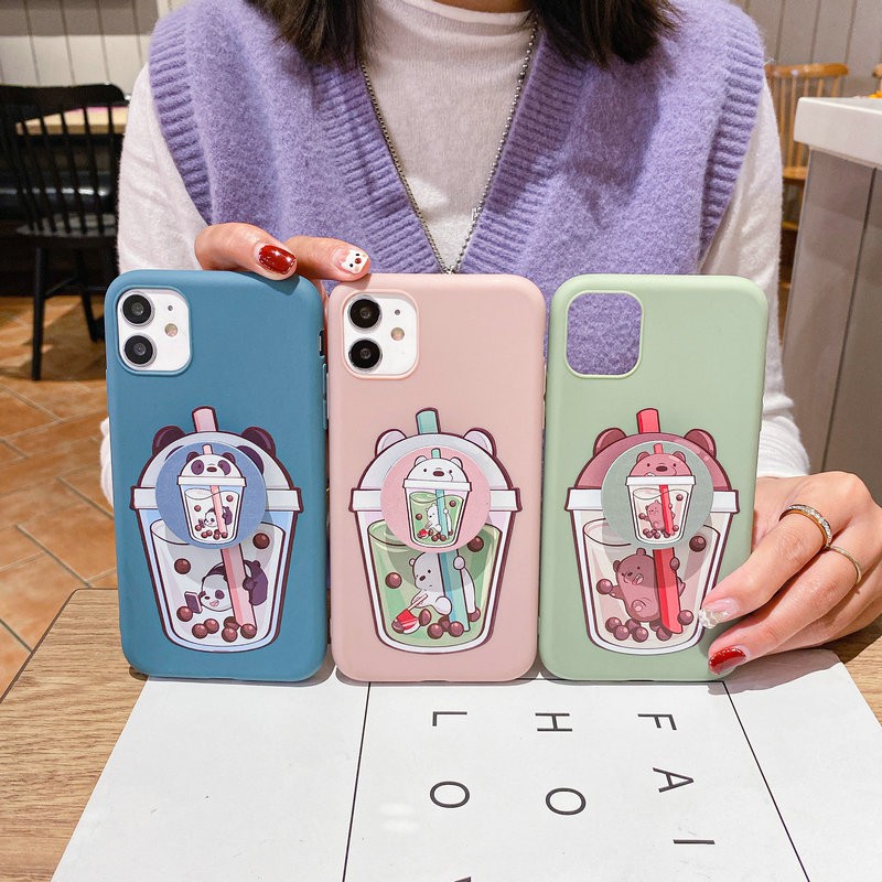 Ốp lưng Redmi Note 9 9s 8 7 6A 5 4 4x Pro Plus OPPO A83 A71 Realme C11 C15 C12 Matte Milk Tea Cup Cute Bear Soft Case Cover with Stand /HSNZ