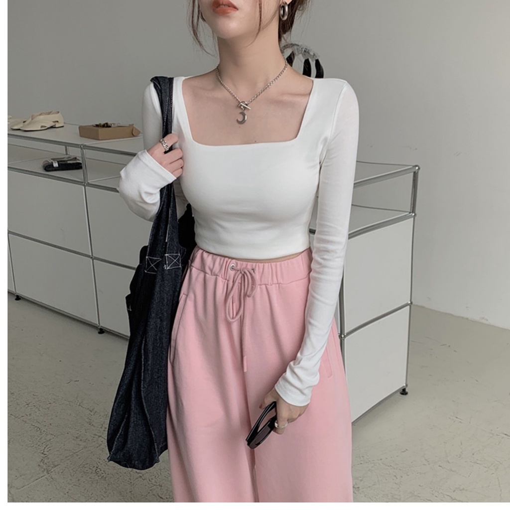 Áo croptop cổ vuông dài tay MADELA dáng ôm 100% Cotton, croptop dài tay cổ vuông chất thun dày dặn