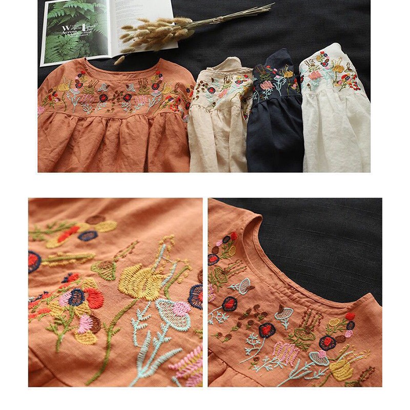 Áo Thun cotton Ngắn Tay Cổ Tròn Thêu Họa Tiết retro Xinh Xắn Cho Nữ