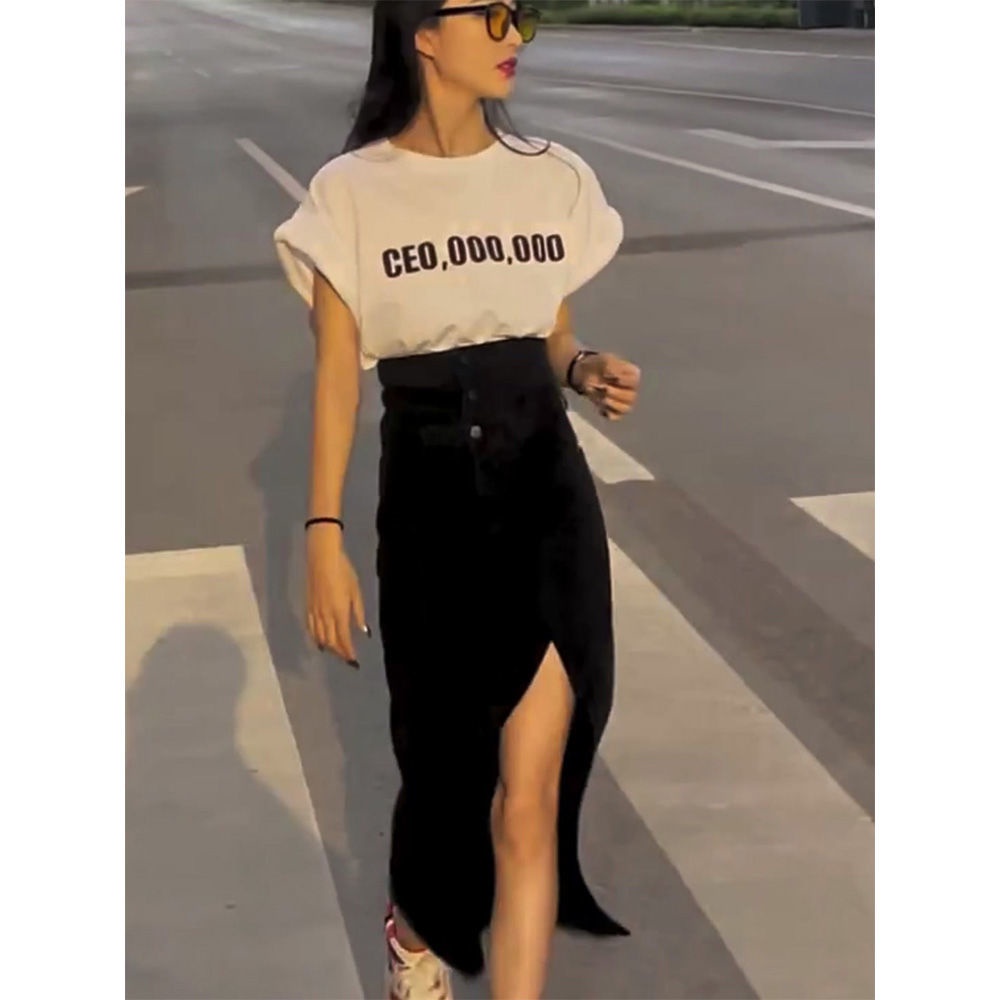 Jiashucheng Chân Váy Denim Chữ a Lưng Cao Xẻ Tà Phong Cách Retro Hong Kong Thời Trang Mùa Hè Hàng Mới 2023