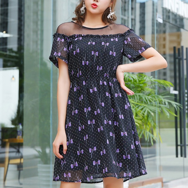 Đầm voan big size cao cấp phối ren lưới nơ tím size lớn 2XL 80-90kg