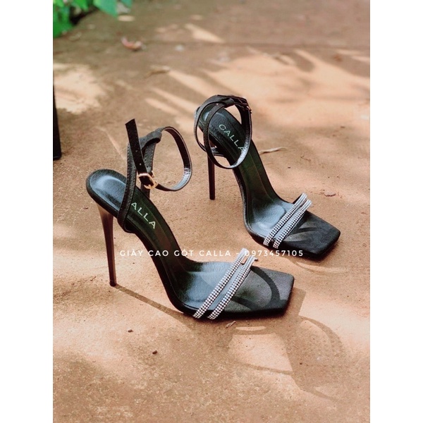 sandal mũi vuông 2 dây đá sang trọng cao 8-9cm và 11-12cm