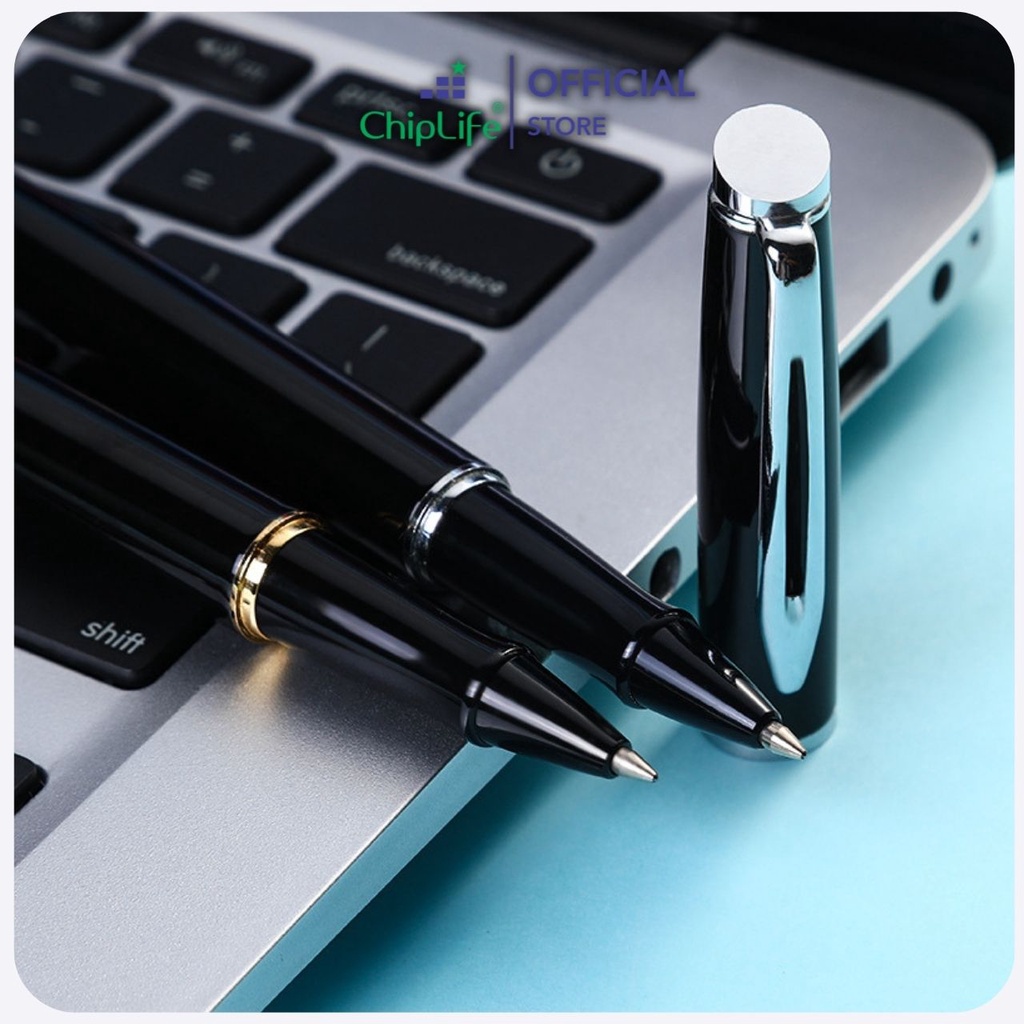 Bút kim loại nắp CHIPLIFE khắc tên P026 - ngòi 0.5mm đen viền vàng Pemall mực xanh