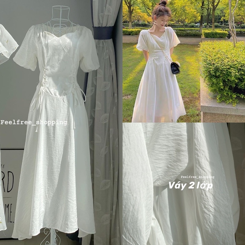 Đầm Váy Trắng Dáng Dài Rút Dây In Hoa 2 Lớp Mặc Đi Tiệc Đi Chơi (Hình Thật) D2932