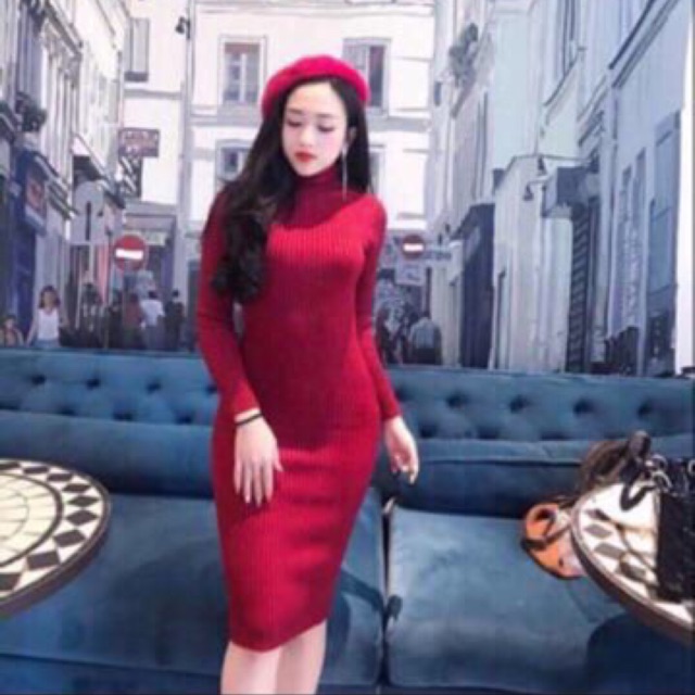 Váy len tăm  body cổ cao 5P