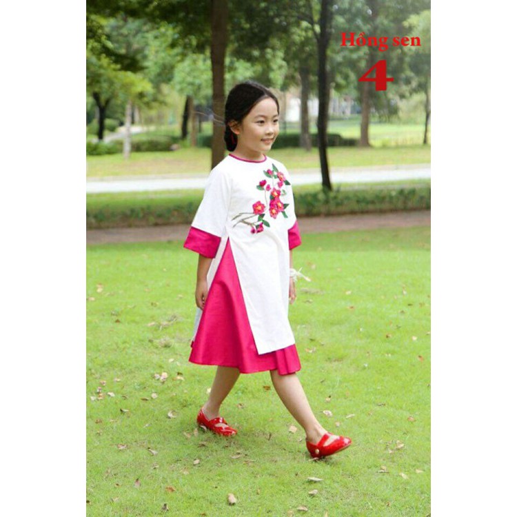 (Set 3) Áo dài thêu hoa kết hợp váy bé gái duyên dáng (Tặng kèm băng đô) (190142)