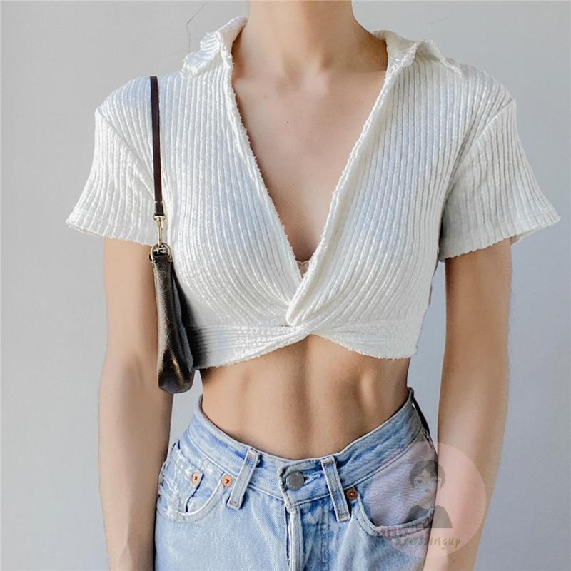 Áo Thun Ngắn Tay Cổ Bẻ Thắt Nút Màu Sắc Trơn Cho Nữ