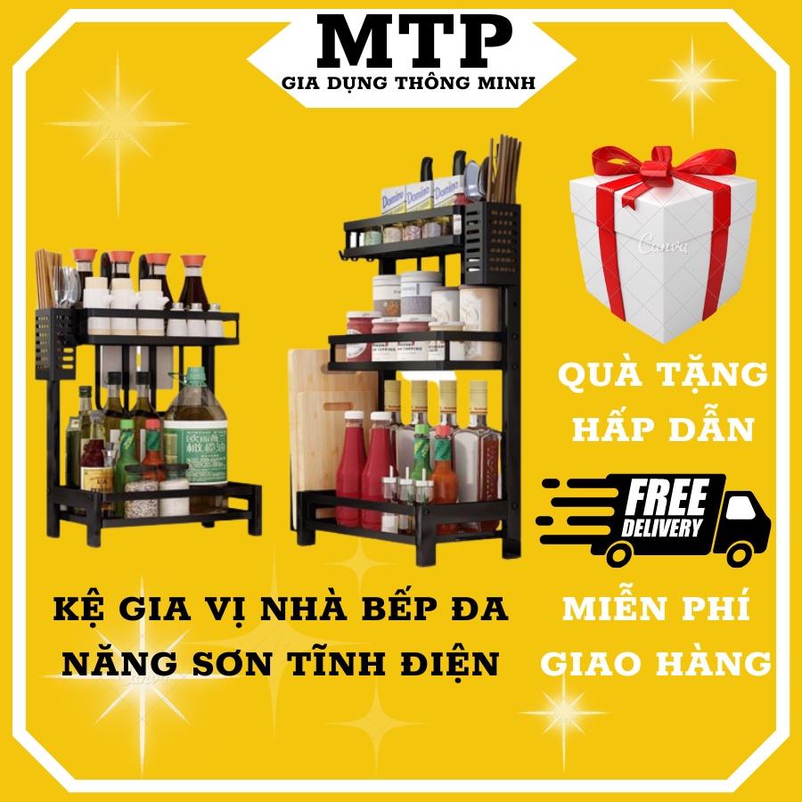 Kệ nhà bếp đa năng inox sơn tĩnh điện siêu chắc chắn, Kệ gia vị nhà bếp đa năng 3 tầng