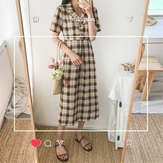 [Ảnh Thật] Váy Kẻ Caro Phối Cổ Sơ Mi Buộc Eo Dáng Dài