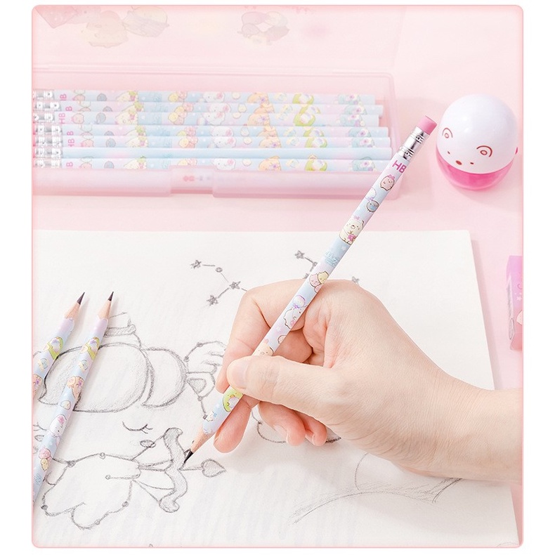 Bút Chì Tam Giác In Hình Dễ Thương- Hộp 12 Bút- Bút Chì Kèm Gôm Tẩy Cho Học Sinh, Sinh Viên