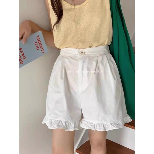 QUẦN SHORT NGỐ FORM RỘNG PHỐI CHÂN BÈO VINTAGE ( màu trắng / đen / be )