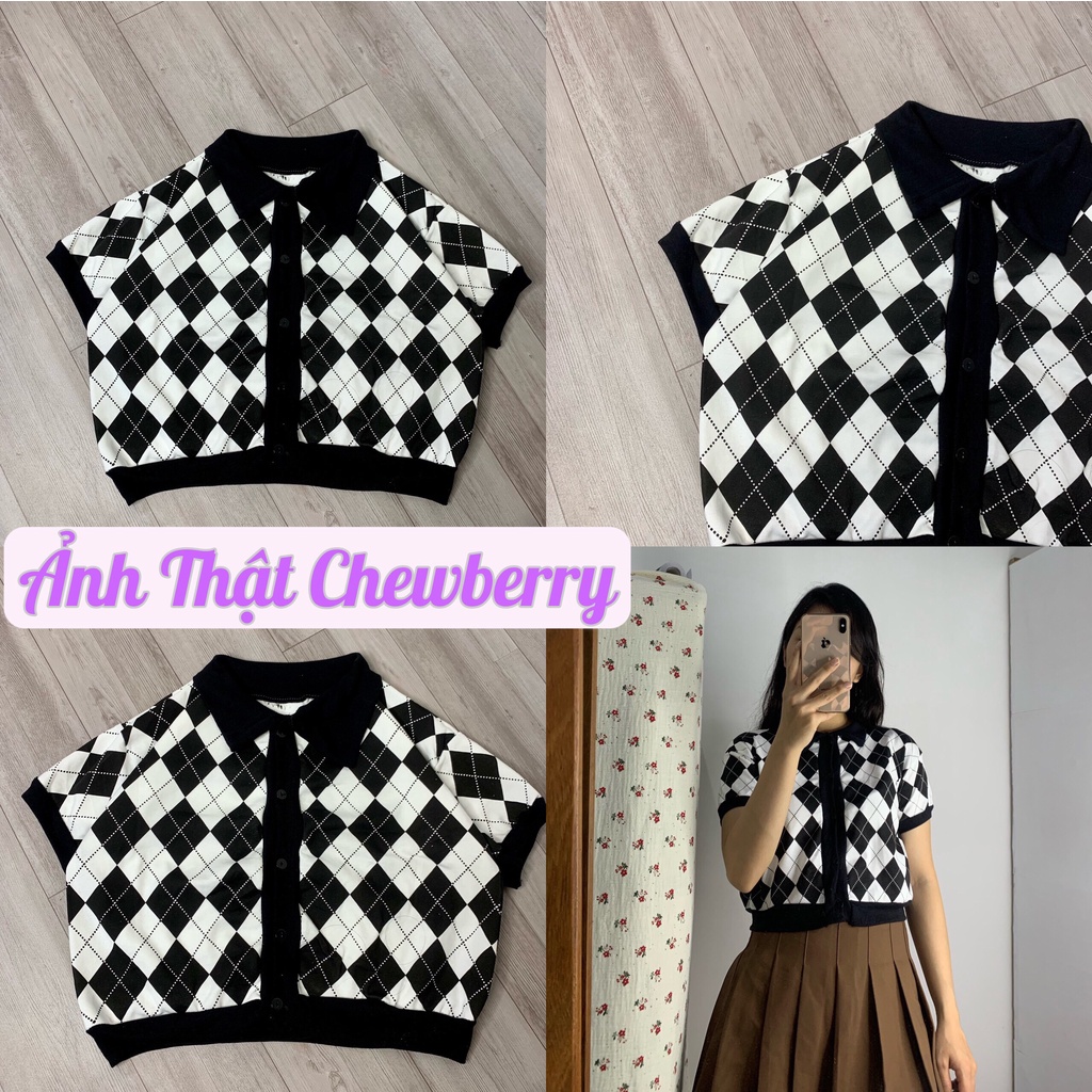 Áo Polo Croptop Kẻ Kim Cương Nữ Ngắn Tay ngắn