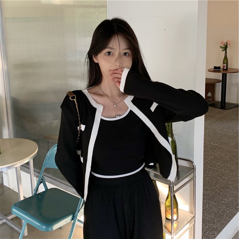 ZHELIHANGFEI Bộ Áo Cardigan Dệt Kim Hai Dây + Quần Lưng Cao Gợi Cảm Dành Cho Nữ