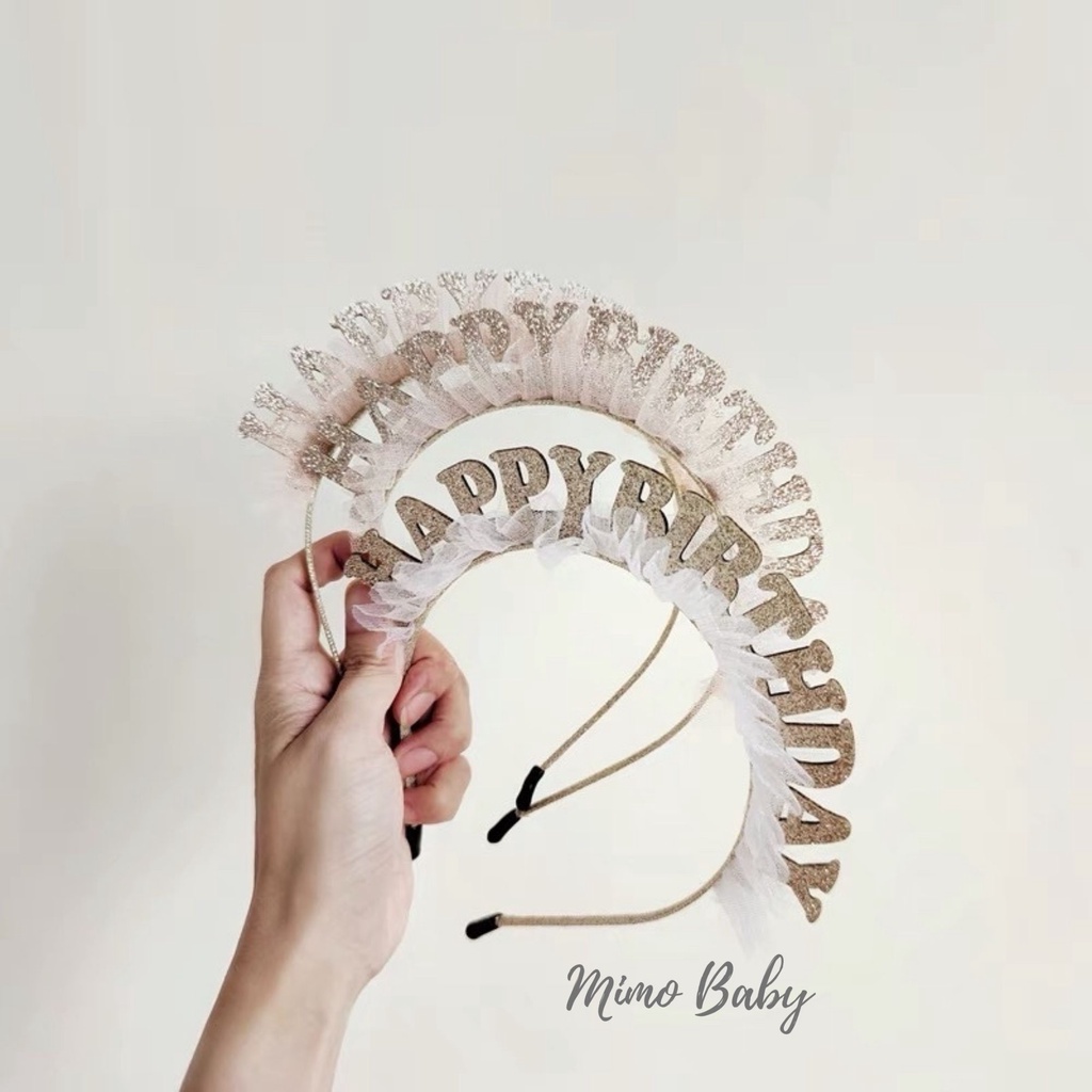 Bờm cài sinh nhật chữ happy birthday viền voan hồng cho bé Mimo baby BD33