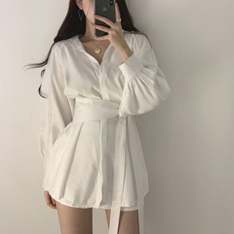 Bộ Đồ Giản Dị Cá Tính 206852 Set Áo Sơ Mi Tay Dài Màu Trơn + Quần Short Ống Rộng Thời Trang Hàn Quốc Cho Nữ