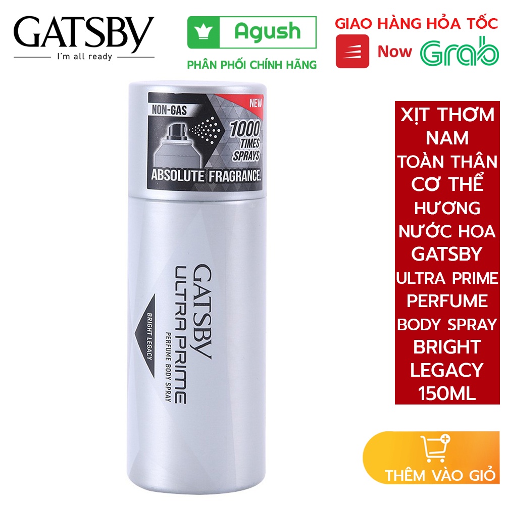 Body mist nam chính hãng lưu hương lâu Gatsby Ultra Prime Perfume Body Spray Bright Legacy chai 150ml xịt thơm mùi mát