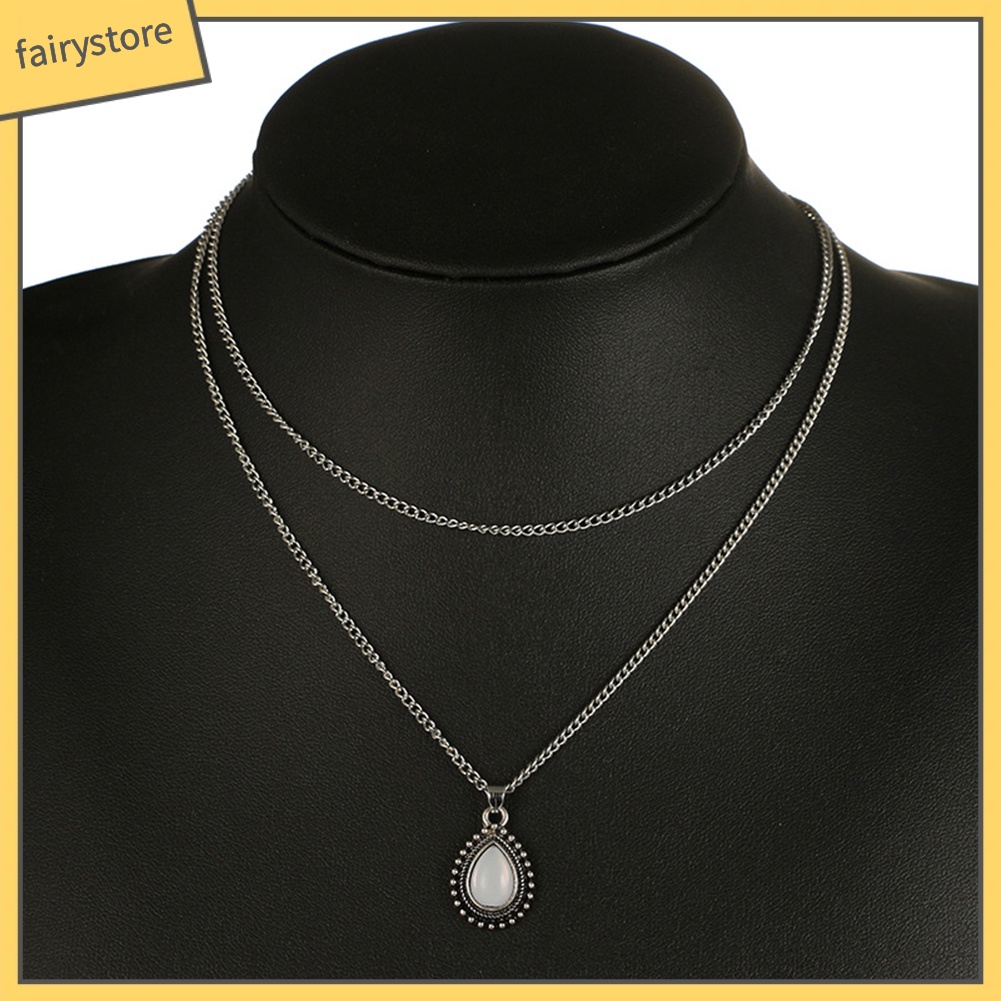 Dây chuyền thời trang hai lớp mặt đá opal hình giọt nước phong cách cổ điển sang trọng