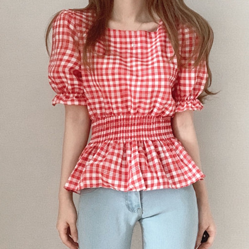 Áo Sơ Mi Ngắn Tay Ca Rô 153241 Áo Kiểu Tay Phồng Cổ Vuông Họa Tiết Sọc Caro Phong Cách Cổ Điển Thời Trang Mùa Hè